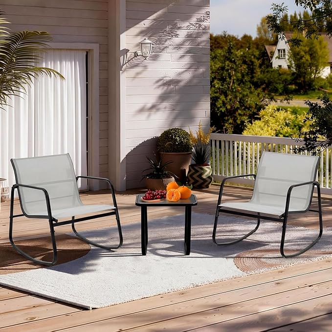 DUMOS 3 Piece Patio Rocking Furniture Set，Outdoor Patio Furniture Conversation Set with Table, Patio Sectional Bistro Sets for Lawn, Garden, Balcony, Poolside (Gray)
