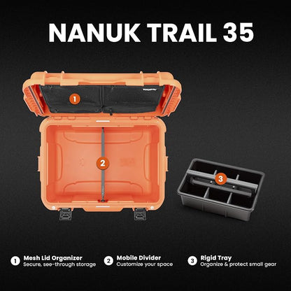 NANUK Trail 35 – 38.8 L (10.2-Gallon) Waterproof Gear Case – Modular Cargo Case for Camping, Fishing, Hunting & Outdoor Storage – Dustproof and Impact Resistant (22.0” x 15.9” x 11.6”) – Orange