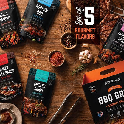 BBQ Grilling Rubs & Grill Seasonings Gift Set, 5 Gourmet Smoking Spice Rub Packs & Smoker Accessories, Spices Kit, Grilling Gifts For Men, Him, Dad, Husband, Gluten-Free, Kosher, Fathers Day Gift For Dad