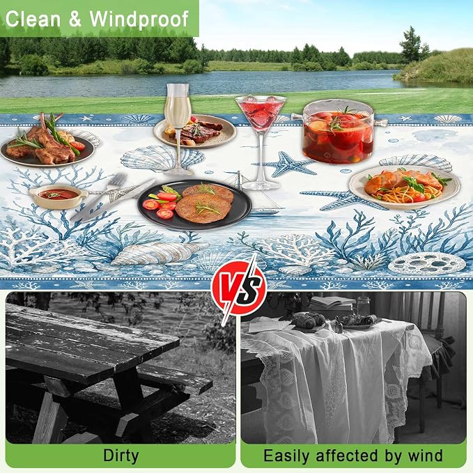 JAWO Picnic Table Cover with Bench Covers and Bag, Tropical Beach Starfish Rv Essentials, Waterproof Windproof Fabric, Fitted Tablecloth Cover with Elastic Edge, 3 PCS, 30x60 Inch