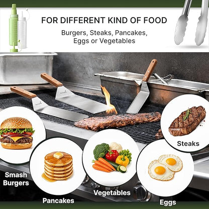 Metal Spatula Set - Griddle Accessories kit - Grill Flat Spatula Pancake Flipper Hamburger Turner - Metal Utensil Great for BBQ Grill Flat Top - Cast Iron Griddle Accessories - Commercial Grade