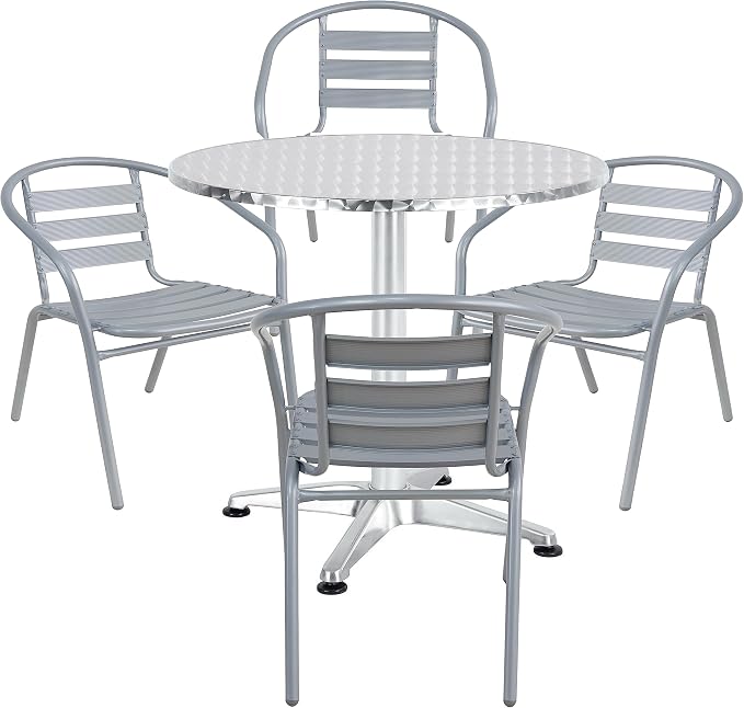 Gray Indoor Outdoor 23.75" Restaurant Stainless Steel Silver Aluminum + 4 Metal Slat Stack Lightweight, 4 Chairs with a Round Table