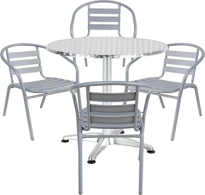 Gray Indoor Outdoor 23.75" Restaurant Stainless Steel Silver Aluminum + 4 Metal Slat Stack Lightweight, 4 Chairs with a Round Table