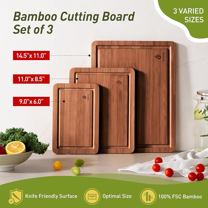 6 Packs Bamboo Cutting Board Set with Non Slip Feet and Over Sink Nice Solid Thick Wood Juice Groove Chopping Board Extra Large Big Small Best Hardwood Kitchen Counter Organic Vegetable