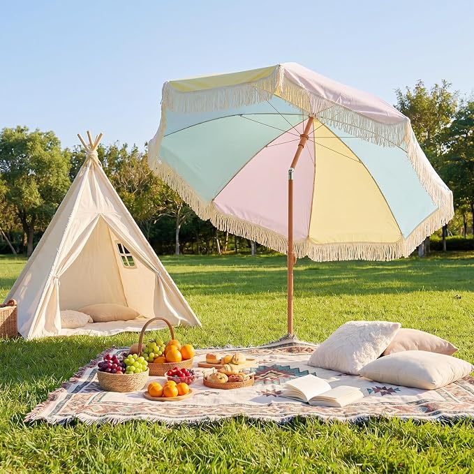 CroBlissful 6 ft Boho Fringe Patio Umbrella, Upf 50+ Macaron Outdoor Picnic Canopy with Tassels, 8 Steel Ribs and 30° Push Button Tilt, Colorful Beach Umbrella for Garden, Pool, Backyard