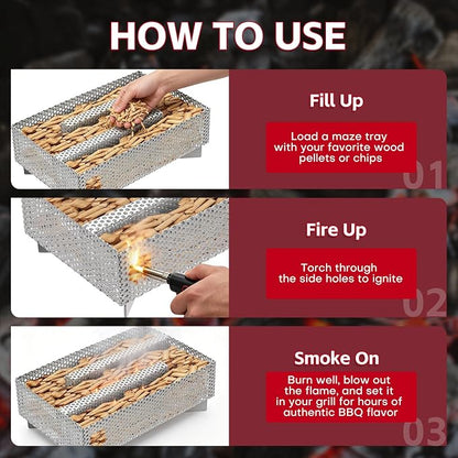 MYFULLY 5" x 8" Pellet Smoker Tray, 12 Hours Billowing Maze Smoker Box, Stainless Steel Cold Smoke Generator for Hot & Cold Smoking Meat Fish Cheese Pork, Fit Any Grill or Smoker, with Cleaning Tools