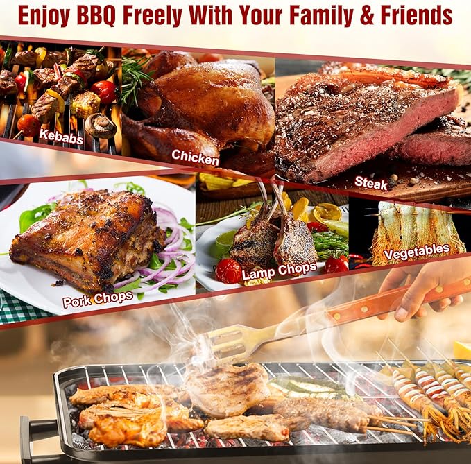 Portable Charcoal BBQ Grill, Foldable BBQ Grill with Grill Net & Lid, Easy Setup Barbecue Grill for Camping Picnic Outdoor Party Backyard (19.7x10.63x11.8in)