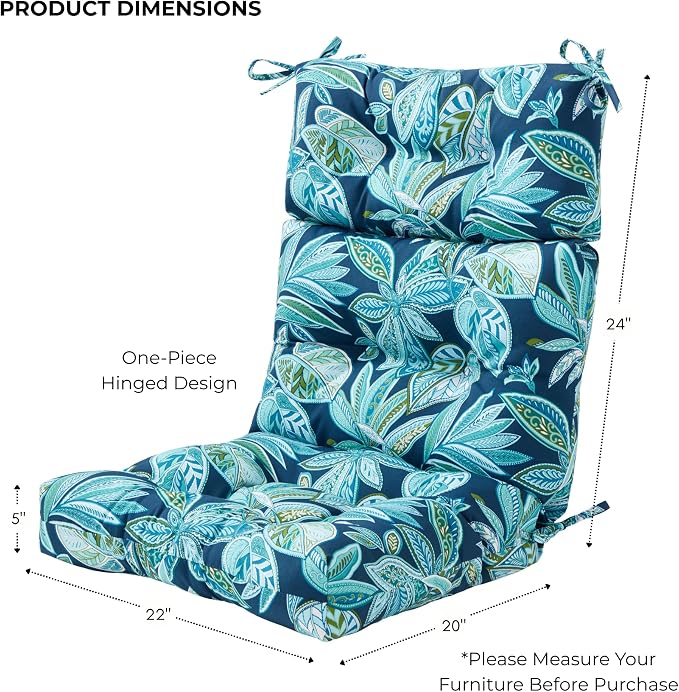 Outdoor Tufted High-Back Chair Cushions, One-Piece Hinged Seat and Back Design, Reversible with 4 Ties, Durable Polyester Fabric, Recycled Fiber Fill - Set of 2, Botanical Crestwood