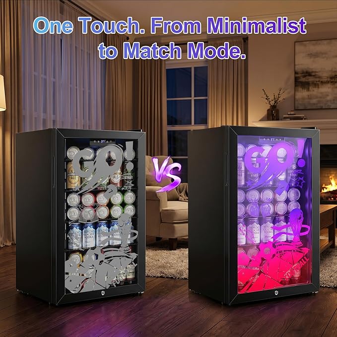Small Beverage Refrigerator with LED Light Up Door – 128 Can Freestanding Drink Fridge, Mini Beer Cooler with 4 Removable Shelves, Child Safety Lock for Party Bar Gaming Room,World Cup Edition
