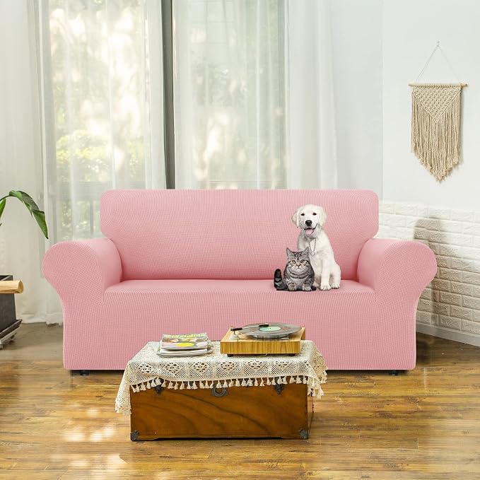 LURKA Stretch Loveseat Couch Cover, 1 Piece 2 Cushion Sofa Slipcover, Pink | Soft Stretch Jacquard, Fits 55"-78" Loveseats, Elastic Bottom for Secure Fit, Machine Washable, Pet & Kid Friendly