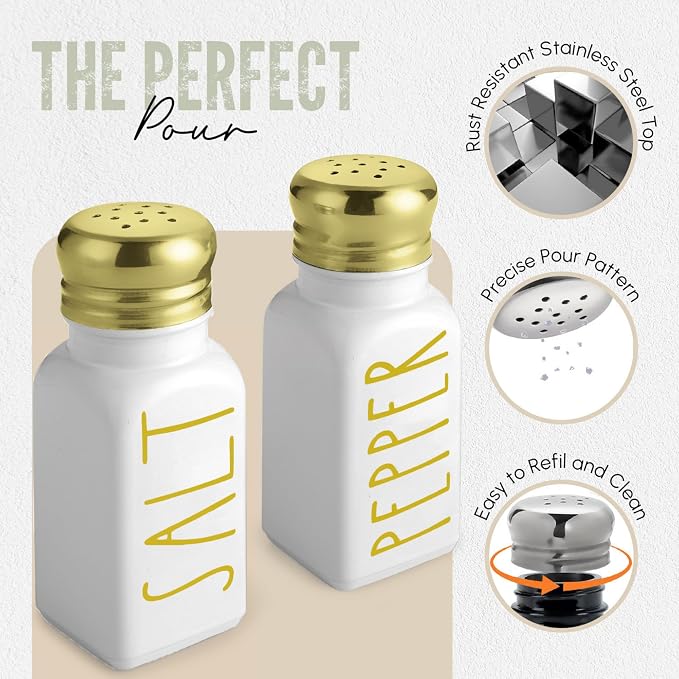 Gold Salt and Pepper Shakers Set with Holder by Brighter Barns - Modern Vintage Kitchen Decor and Accessories - Cute Glass Salt Shaker w/Caddy for Restaurant, Dining Table, Airbnb, Gift (White/Gold)