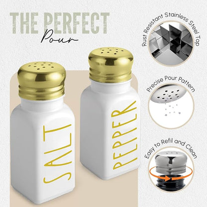 Gold Salt and Pepper Shakers Set with Holder by Brighter Barns - Modern Vintage Kitchen Decor and Accessories - Cute Glass Salt Shaker w/Caddy for Restaurant, Dining Table, Airbnb, Gift (White/Gold)