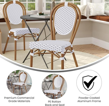 Flash Furniture Lourdes Indoor/Outdoor Commercial Thonet Bistro Stack Chair - White/Gray PE Rattan Back and Seat - Natural Bamboo Print Metal Frame