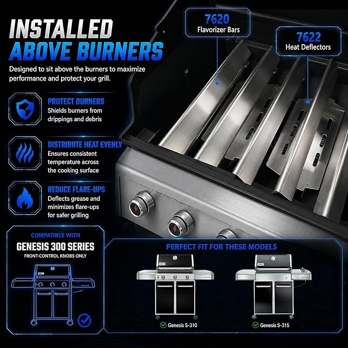 Uniflasy Stainless Steel Flavorizer Bars & Heat Deflectors for Weber Genesis 300 Series (Front Control), Fits Genesis E310 E320 E330 S310 S320 S330, Replaces Weber 7620 7621 7622 65055