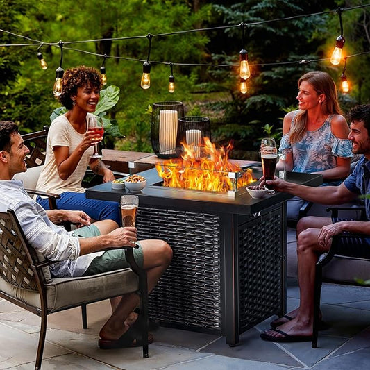 Ciays Propane Fire Pit, 28″ Outdoor Gas Fire Pit, 50,000 BTU Steel Fire Table with Glass Wind Guard, Lid & Lava Rock, Add Warmth and Ambience to Gatherings On Patio Deck Garden (2 Packages)