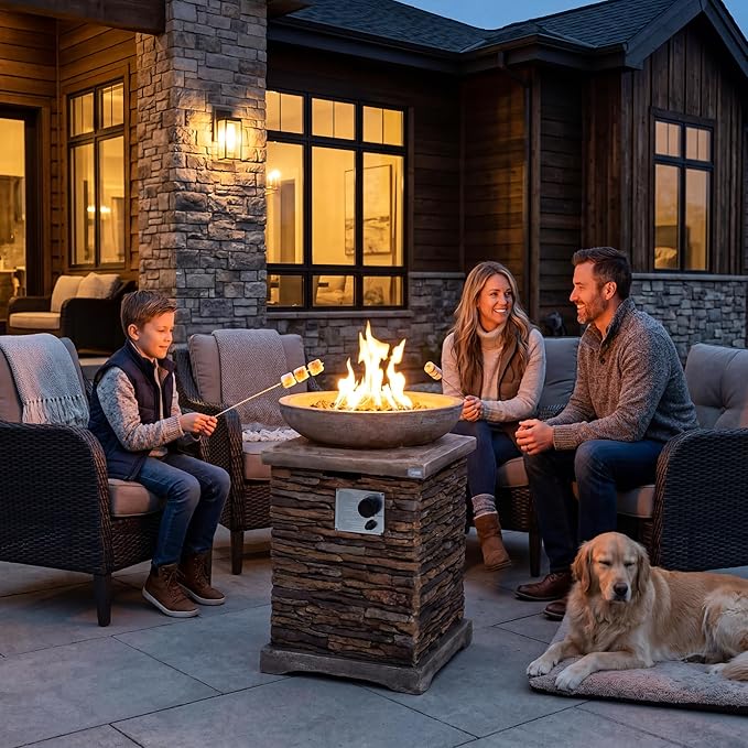 COSIEST Outdoor Propane Fire Pit Table w Faux Brown Compact Ledge Stone 20" Square Base and Faux Rose-Marble Round Bowl, Certified, 40,000 BTU, Free Lava Rocks, Fits 20lb Tank Inside, Raincover