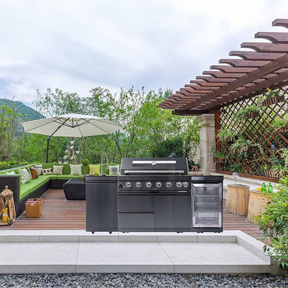 6 Burner Outdoor Kitchen Island with Grill, 85000 BTU Deluxe Stainless Steel Modular Outdoor Kitchen, Gas Propane BBQ Island with Refrigerator, Sink, Rotisserie, 85"W, Black