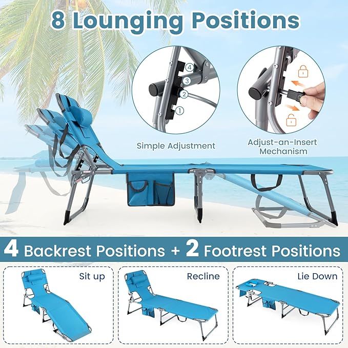 Goplus Tanning Chair, Folding Adjustable Patio Lounge Chair with Face Hole, Removable Pillow, 330LBS, Carry Strap, Outdoor Sunbathing Chair, Lightweight Portable Beach Lounge Chair (2, Navy)