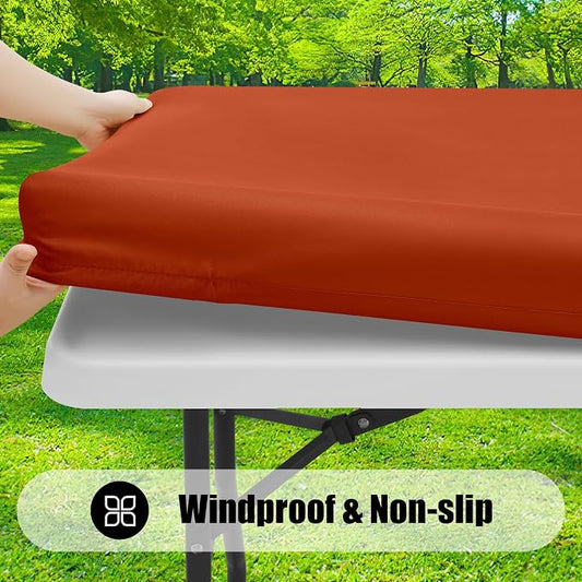 Smiry Rectangle Picnic Table Cloth, Waterproof Elastic Fitted Tablecloths for 6 Foot Tables, Washable Polyester Table Cover for Camping, Indoor and Outdoor (Rust, 30"x72")