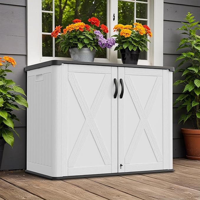 Greesum 26 Cuft Outdoor Storage Box with Lockable Doors, White | Easy to Assemble | All-Weather Resistance | Sturdy Sidehandles | Multi-purpose Resin Large Storage Cabinet