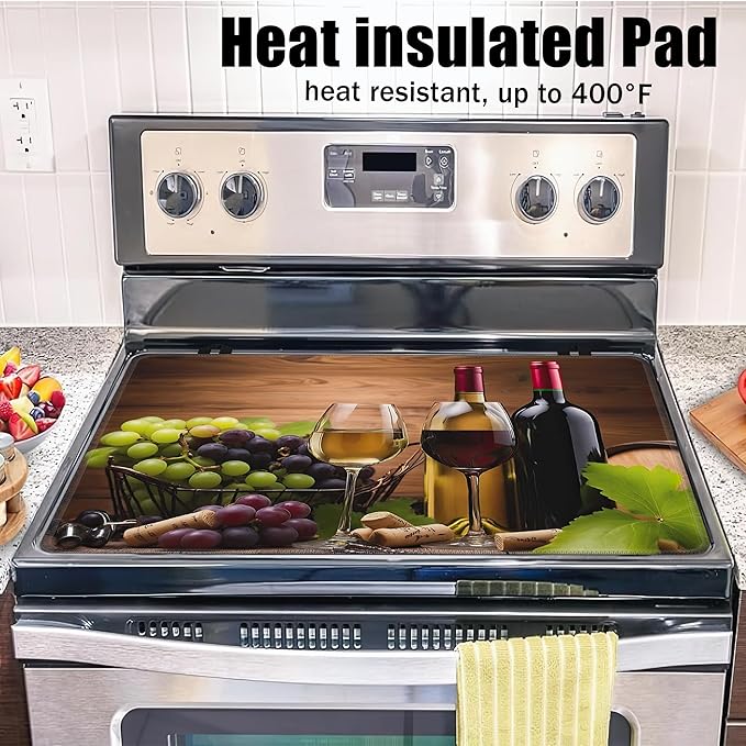 Wine Glasses Glass Top Stove Cover Protector,Farmhouse Grape Wine Bottle Stove Top Covers for Electric Stove,Washable Heat Resistant Cooktop Mat Anti-Slip Range Covers, 28 x 20 Inch
