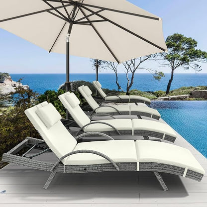 YITAHOME Wicker Chaise Lounge Outdoor, Rattan Pool Lounge Chair Reclining Chaise Lounge Set of 4 w/Pull-Out Desktop, 5-Position Backrest, Headrest & Cushion, Armrests for Poolside, Beach(Beige)