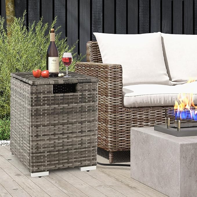 Tangkula Outdoor Propane Tank Cover Table, Patiojoy Wicker Hideaway Table for Gas Fire Pits, 20 lbs Propane Tank Storage Box, Outdoor Wicker Side Table & Propane Tank Holder (Mix Grey)