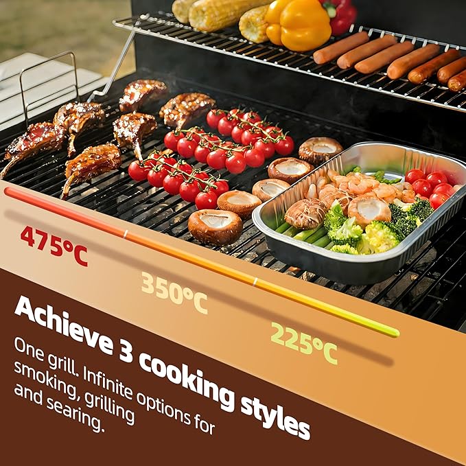 Barrel Charcoal Grill, Outdoor BBQ Smoker, 486 Sq. In. Cooking Area, Warming Rack & Adjustable Charcoal Pan, Front Table & Bottom Shelf, Enameled Steel Wire, Backyard, Patio, Camping(Middle)