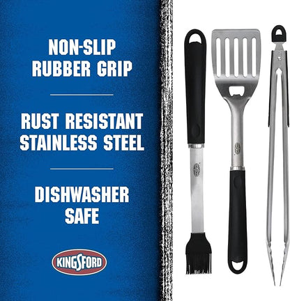 Kingsford 3-Piece Stainless Steel BBQ Tool Set with Spatula, Tongs with Rubber Grip, and Silicone Basting Brush, Rust-Resistant Grilling Tools for Outdoor Cooking, 3 Count