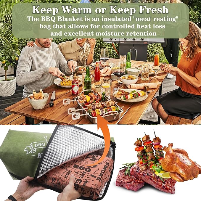 BBQ Blanket for Resting Meat, BBQ Brisket Blanket Meat Resting Blanket for Smoking, Grilling Meat Insulated Resting Bag with Wide Mouth for Large Brisket/Turkey (Regular 21in Green)