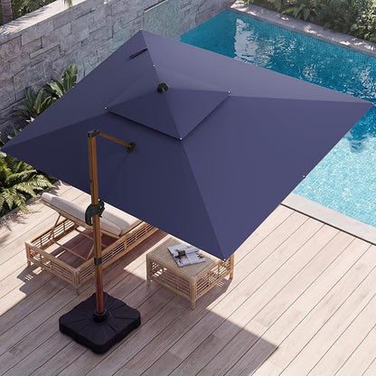 10x13 FT Wood Pattern Patio Umbrella with Base, Large Deluxe Cantilever Rectangular Double Top Heavy Duty Offset Umbrellas with 360° Rotation, Outdoor shade for Garden Pool Patio, Navy