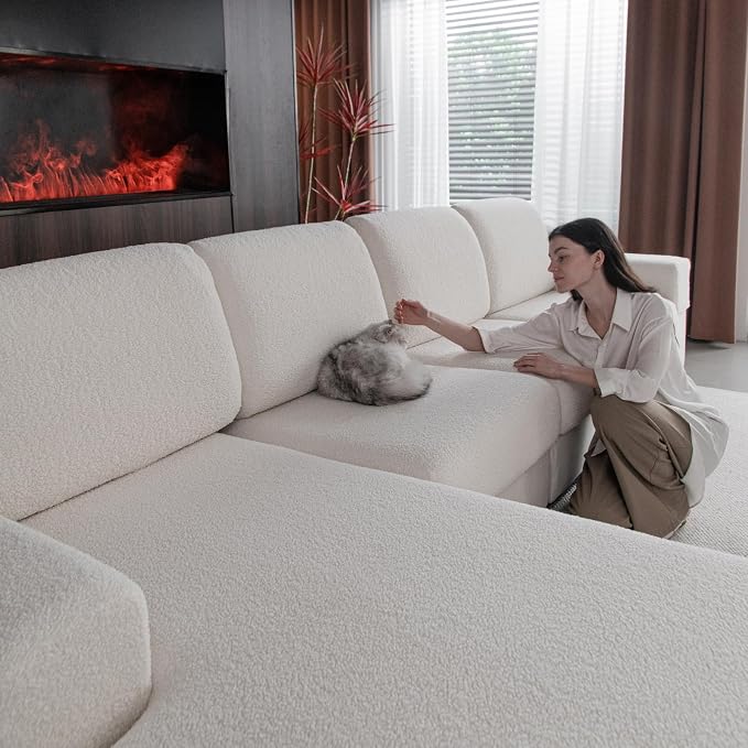 OHSIO Couch Cushion Covers for Sectional Sofa, Stretch Soft Sofa Slipcovers Washable Wear-Resistant Universal Furniture Protector for Living Room(3 Seaters Covers, Ivory)
