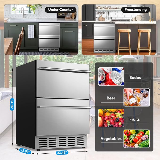 24" Undercounter Beverage Cooler, Outdoor Stainless Steel Drawer Fridge | Temp control, Outdoor patio garage bar, Home kitchen commercial, Rustproof stainless steel, Energy efficient, Digital display
