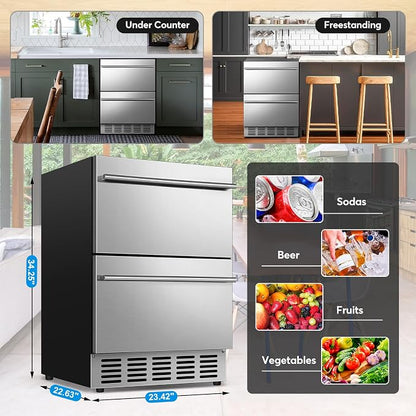 24" Undercounter Beverage Cooler, Outdoor Stainless Steel Drawer Fridge | Temp control, Outdoor patio garage bar, Home kitchen commercial, Rustproof stainless steel, Energy efficient, Digital display