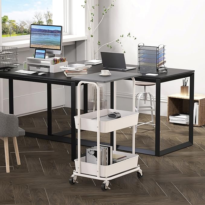 Simple Houseware 2-Tier Rolling Utility Cart Wood Top/Lockable Wheel, Gray | Metal Storage Organizer Trolley for Kitchen, Bathroom, Office, Craft Room
