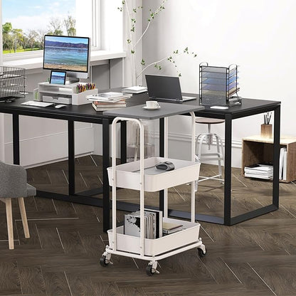 Simple Houseware 2-Tier Rolling Utility Cart Wood Top/Lockable Wheel, Gray | Metal Storage Organizer Trolley for Kitchen, Bathroom, Office, Craft Room