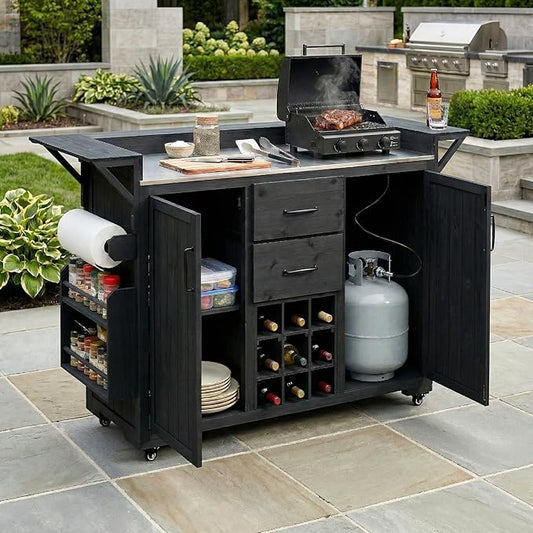 60.2-inch Mobile Outdoor Kitchen Island, Wooden BBQ Table with Stainless Steel countertop, Mobile BBQ Trolley with Storage Cabinet, 2 Storage compartments, Wine Rack and Spice Rack