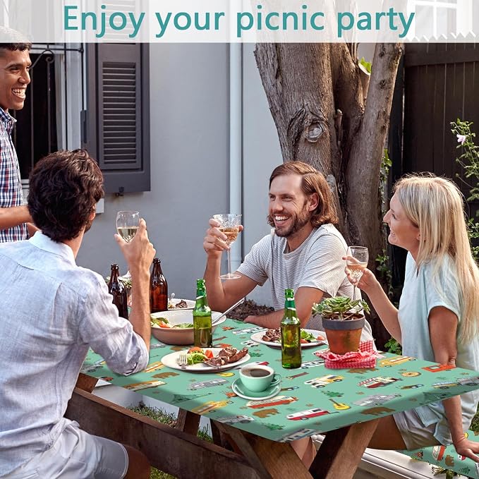 JAWO Picnic Table Cover with Bench Covers and Bag, Camping Rv Essentials, Waterproof Windproof Fabric, Fitted Tablecloth Cover with Elastic Edge, 3 PCS, 30x60 Inch, Green