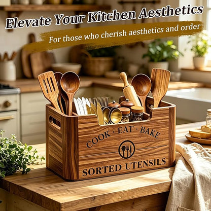 Upgraded Acacia Wood Kitchen Utensil Holder, Large Utensil Holder with Warm Aesthetic Spacious Compartment, Wooden Container for Cooking Tools, Cutlery, Spice Jars and Oil Bottles (Hybrid Caddy)