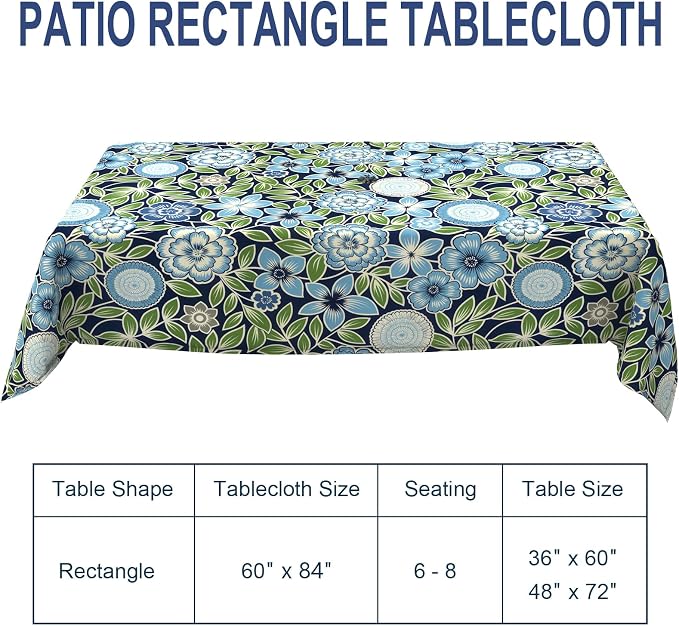 Outdoor Rectangle Tablecloth, 60×84 Inch Water Repellent Picnic Table Cover with Umbrella Hole Zipper for Patio Family Meal, Azure Bloom