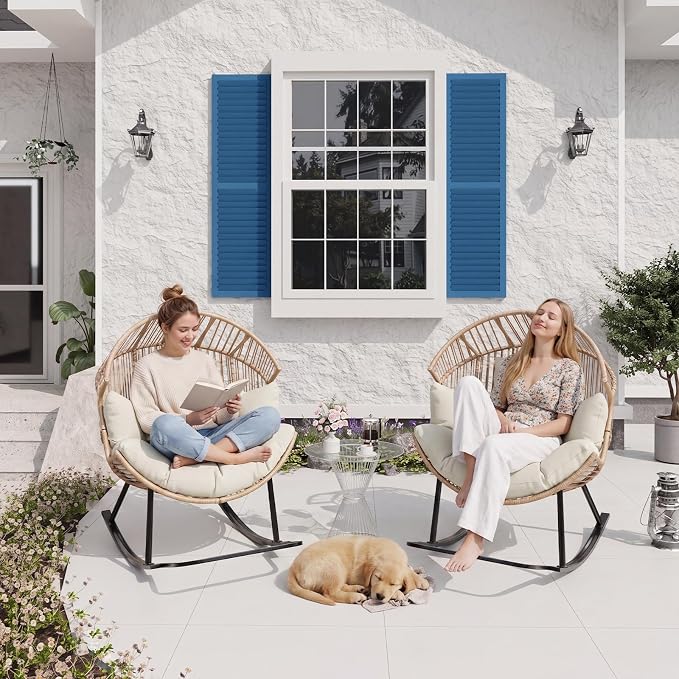 Garvee Wicker Rocking Egg Chair with Extra-Soft Pillow and Thick Cushion | Oversized Ergonomic Rattan Lounge Rocker for Outdoor & Indoor, Living Room, Backyard & Garden – Cream Cushion, Wicker Frame