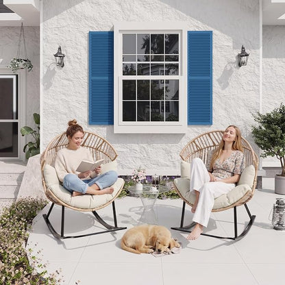 Garvee Wicker Rocking Egg Chair with Extra-Soft Pillow and Thick Cushion | Oversized Ergonomic Rattan Lounge Rocker for Outdoor & Indoor, Living Room, Backyard & Garden – Cream Cushion, Wicker Frame