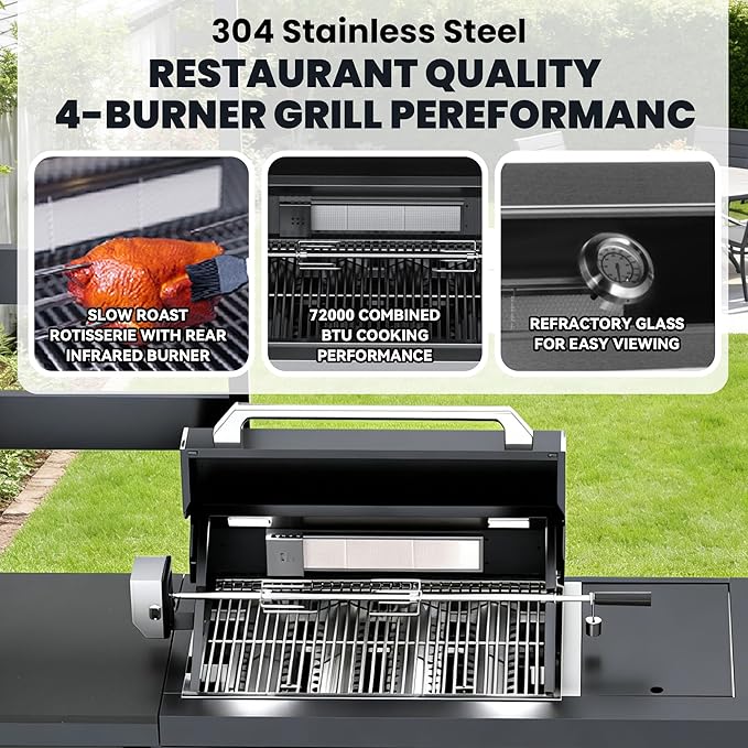 97-inch outdoor kitchen island featuring a 4-burner 72,000 BTU propane stainless steel grill with refrigerator and sink, rotisserie, granite countertop, (Black, 97"(Propane Gas))