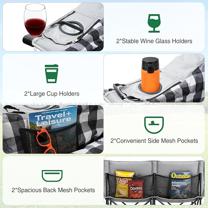 HOPERAN Double Camping Chair 800lbs Camping Couch Folding Loveseat, Grey | 59" Wide Seat, 600D Fabric, Thickened Padding, Cooler Bag, Side&Rear Pocket, Cup&Wine Glass Holder, for Lawn Patio Beach
