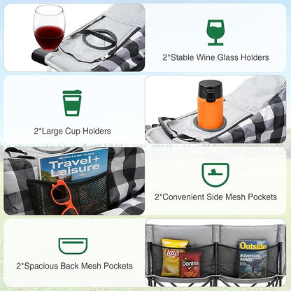 HOPERAN Double Camping Chair 800lbs Camping Couch Folding Loveseat, Grey | 59" Wide Seat, 600D Fabric, Thickened Padding, Cooler Bag, Side&Rear Pocket, Cup&Wine Glass Holder, for Lawn Patio Beach