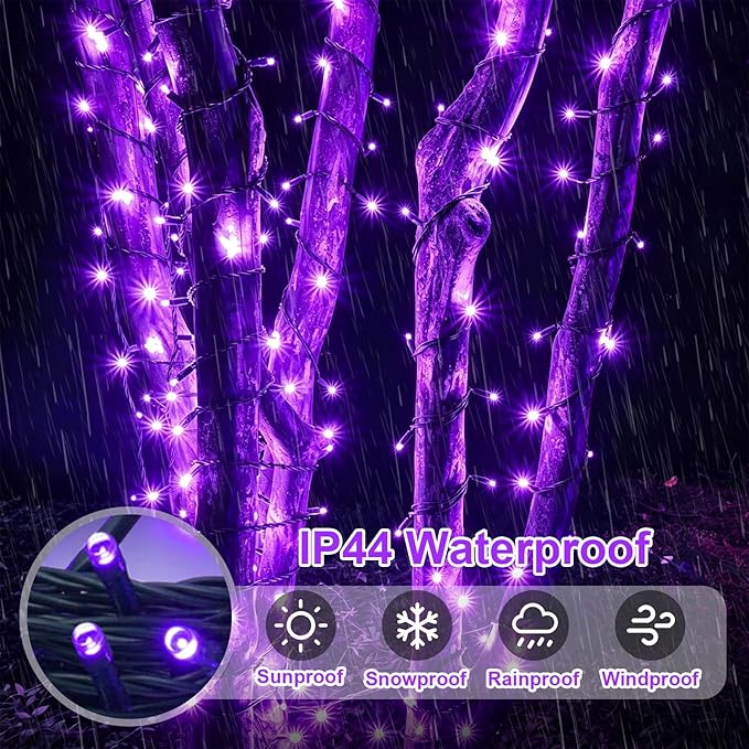 QITONG Purple Solar String Lights, 2 Pack Each 66ft 200 LED Christmas Fairy Lights Outdoor Waterproof, 8 Modes Green Wire Twinkle Lights for Outside