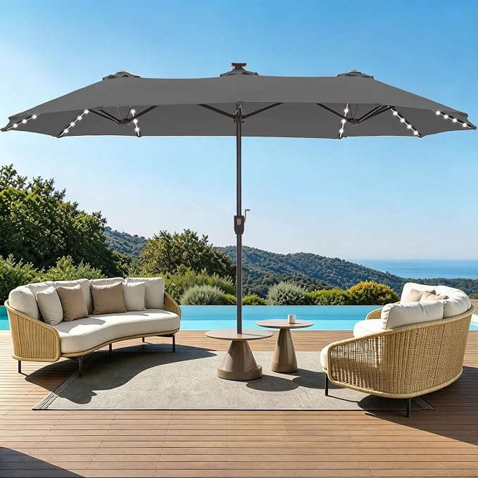 GREEN PARTY 13ft Patio Umbrella with Led Lights, Rectangle Outdoor Umbrella | 12-Mode Solar Lights, Double-Sided Rectangular table Umbrella, Large Shade for Backyard Deck Poolside, Grey(No Base)