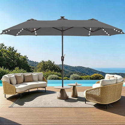GREEN PARTY 13ft Patio Umbrella with Led Lights, Rectangle Outdoor Umbrella | 12-Mode Solar Lights, Double-Sided Rectangular table Umbrella, Large Shade for Backyard Deck Poolside, Grey(No Base)