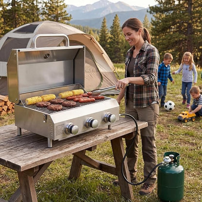 Bestfire 3-Burner Tabletop Gas Grill, 30,000 BTU Portable Propane Grill, Heavy-Duty Thickened Stainless Steel Grates, Stainless Steel Knobs, Compact & Detachable Legs for Camping, RV&BBQ