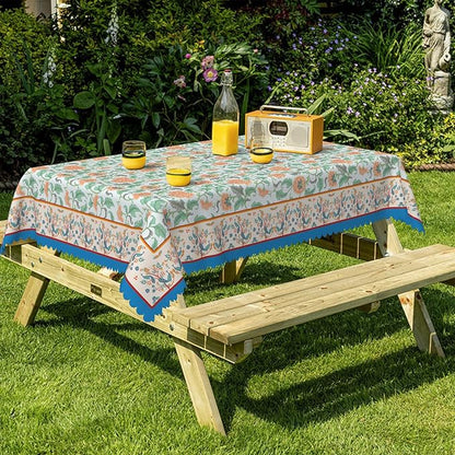 Boho Floral Rectangular Tablecloth 60"x84" - Blue Vintage Flower Waterproof Table Cloth for Dining, Kitchen, Outdoor BBQ and Picnic Party Decor